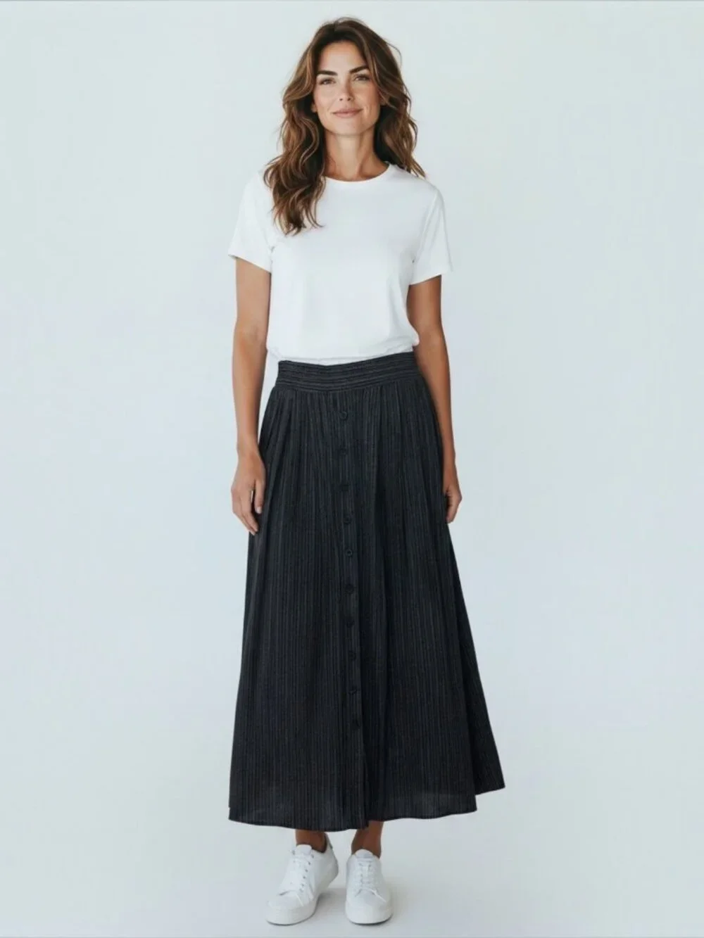 Norton McNaughton Skirt Women’s 12 Black Pleated Midi Geo Rayon Button Elastic